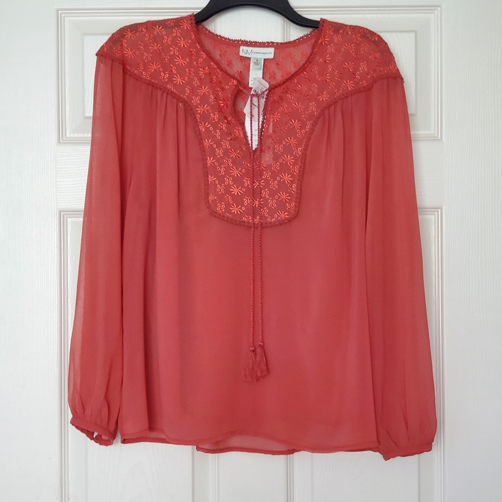 Neiman Marcus Embroidered Tie Neck Blouse